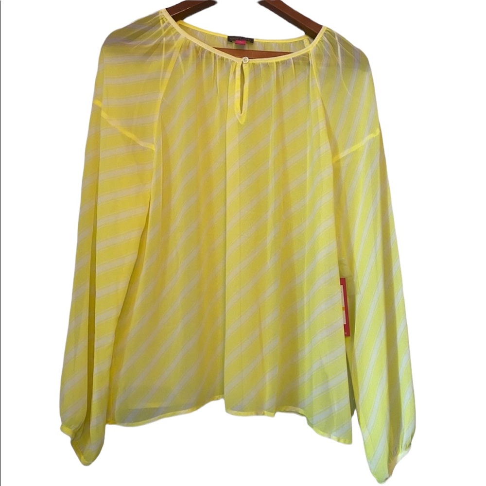 Vince Camuto Citrus Splash Bright Yellow Striped Long Sleeved Blouse